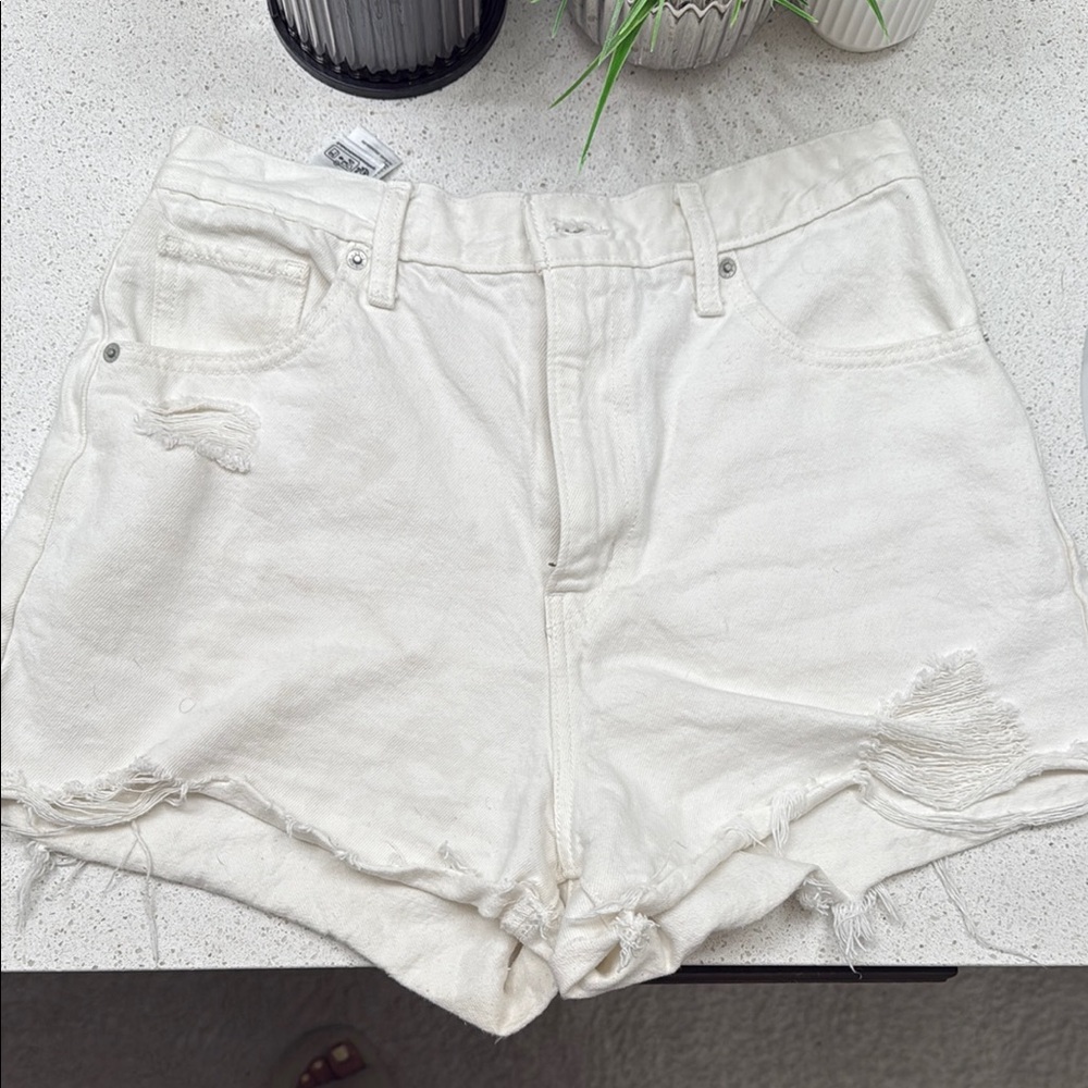 Levi’s White High Waisted Distressed Mom Denim Shorts